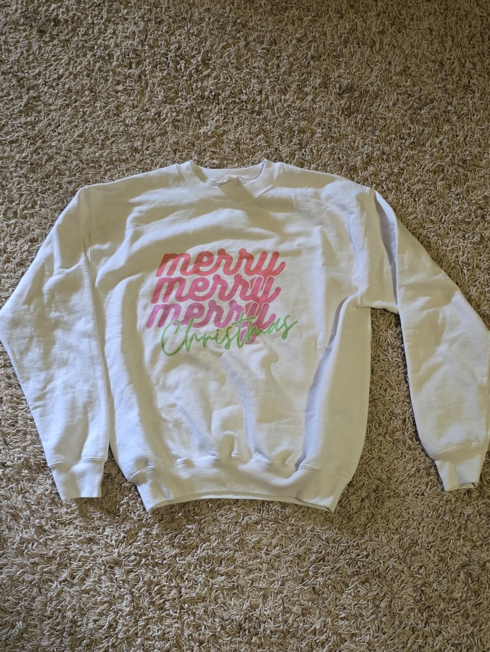Hanes White Crewneck Sweatshirt with Pink & Green Holiday Script